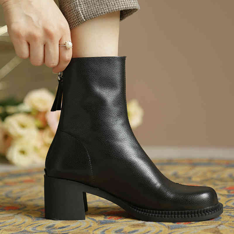 

boots women's ankle boots natural leather 22-24.5cm return zipper fashion short autumn and winter all-match women's shoes vkhv, Black