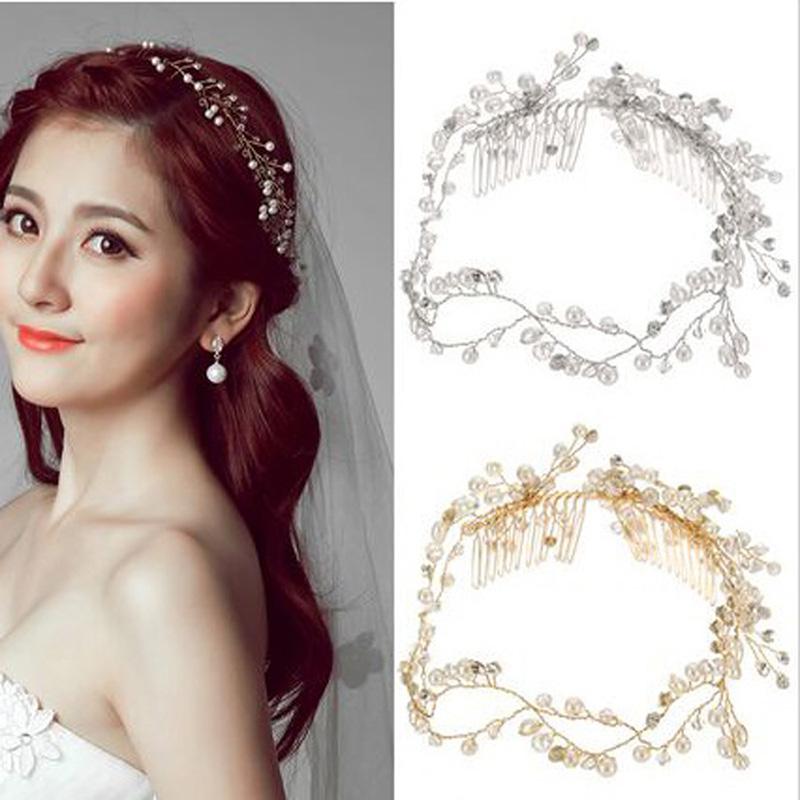 

Hair Clips & Barrettes Bridal Vine Rhinestone Headbands Comb Pearl And Leaf Hairpiece Wedding Accessories For Women Tiaras Bridesmaids Flowe, Golden;silver