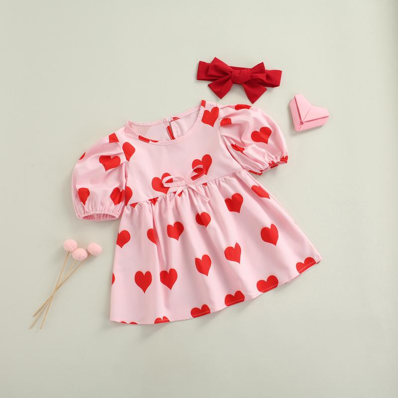 

Girl's Dresses 2Pcs Born Baby Girls Dress Suit Toddler Puff Short Sleeve Love Print Bow-knot Patchwork Princess With Headband, Red;yellow