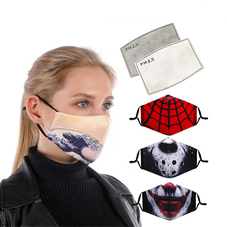 

2021 Face Mask Clown Flag Camo Masks Men Women Adjustable Plant Animal Printed dustproof facemask With Filter
