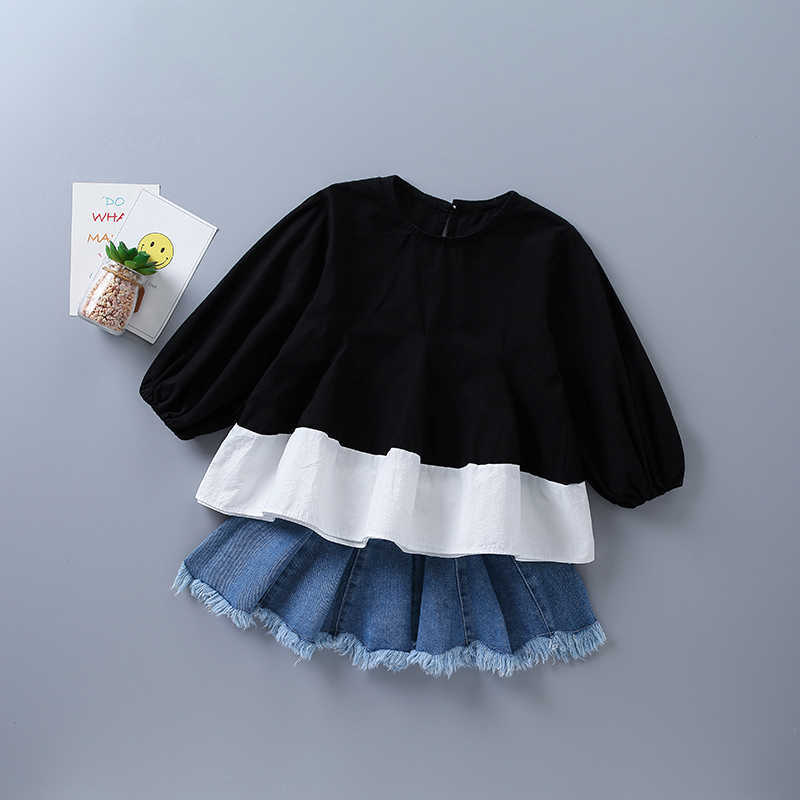 

2-7 years high quality girl clothing set autumn fashion patchwork shirt + denim skirt kid children 210615, White
