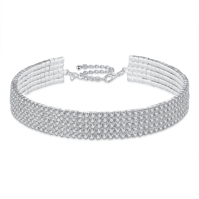 

Chokers YiJia Double Row Full Cubic Zirconia Wedding Necklaces For Women Silver Color Collarbone Chain Jewelry Party