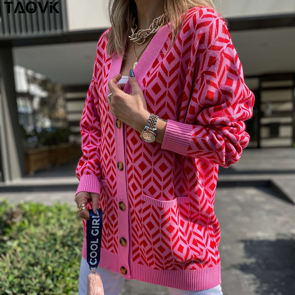 

TAOVK Womens Knitted Sweater Diamond Pattern Single-breasted Buttons Loose Casual Knit Cardigan Sweater, Gray purple