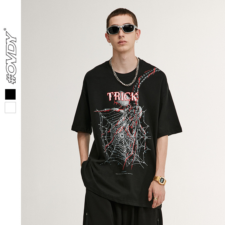 

wxwovdy men's 2021 spring and summer new street personality fashion brand spider hunting print loose short sve t-shirt for men, White;black