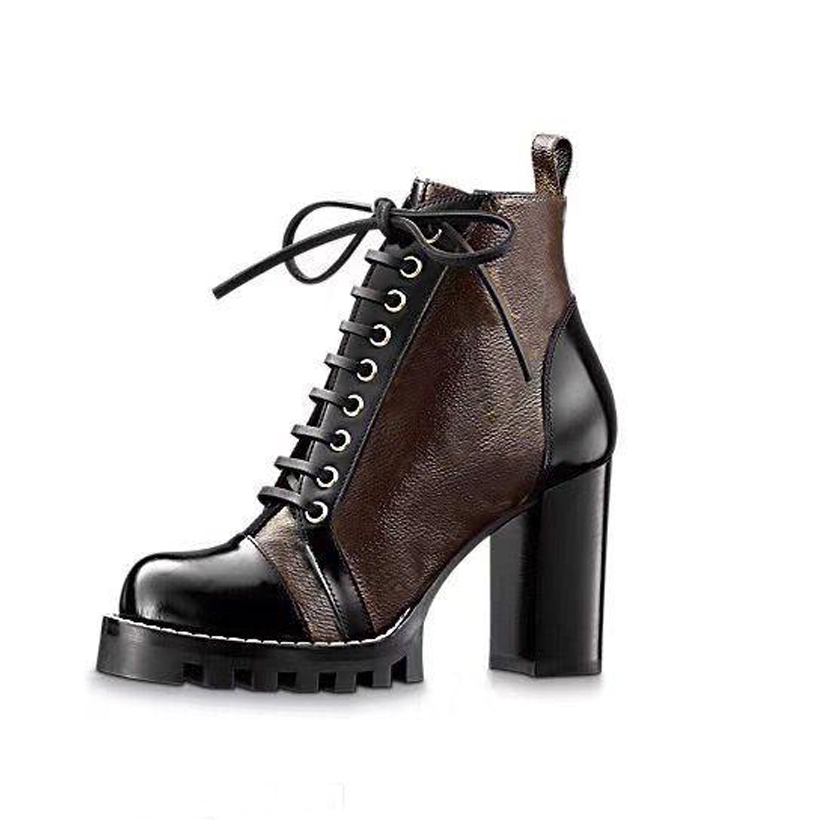 

High heeled Martin boots Autumn winter Coarse heel women shoes Desert Boot 100% real leather zipper letter Lace up Fashion lady Heels Large, Black