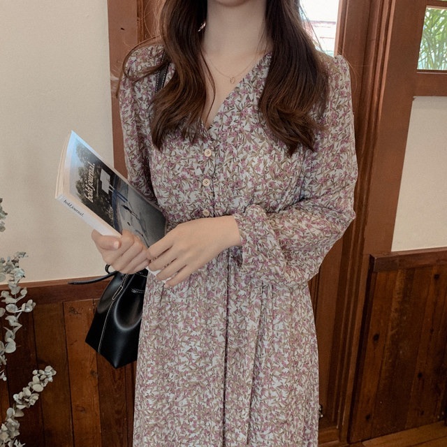 S XL Plus Size Spring Girls Boho Chiffon Female Vintage Dress Purple Print Long Sleeve Women Dresses Robe Vestido 210417Z
