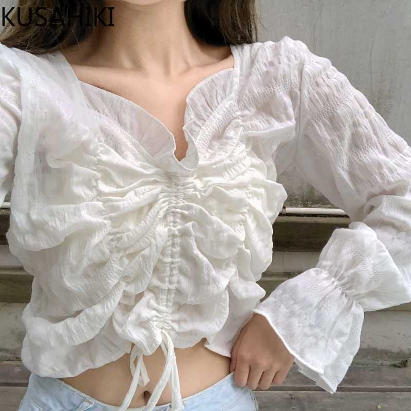 

Korean Drawstring Pleated Blouse Flare Sleeve Sexy Crop Top Shirt Spring Sun Protection Camisas De Mujer 6F473 210603, White