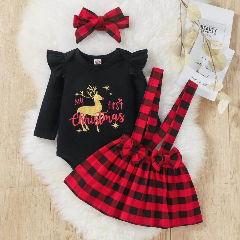 

Clothing Sets Infant Baby Girls Clothes Skirts Set Christmas Xmas Cartoon Deer Letter Printed Romper Bodysuit+plaid Suspender Outfits, White