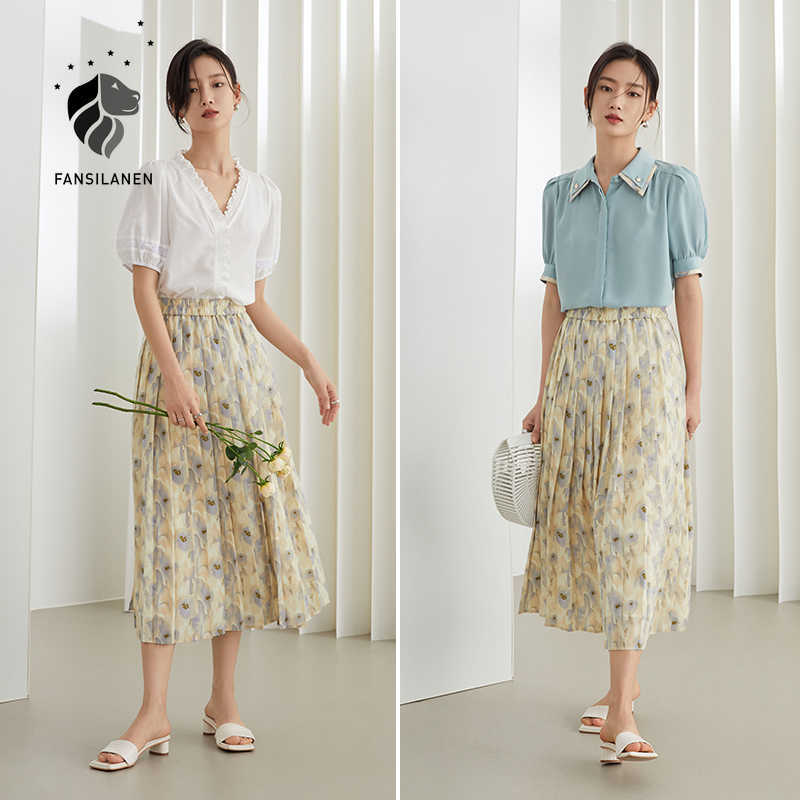 

FANSILANEN Office Lady Oil Painting Floral Skirt Summer Long A-line High Waist Pleated Draping Retro Women Clothes 210607, Khaki