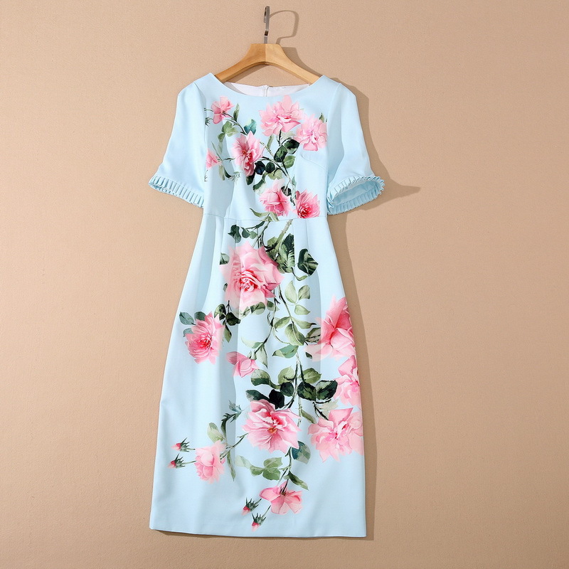 

European and American women's wear for spring 2021 Rose print with short sleeves and round neck Fashion blue dress, Black;gray