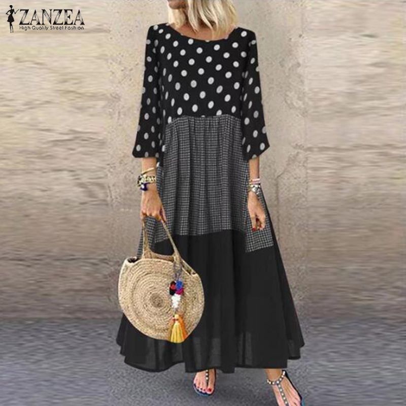 

2021women polka dot long sundress autumn zanzea vintage pacthwork dress 2021 casual cotton shirt vestidos femme tunic robe kaftan, Black;gray