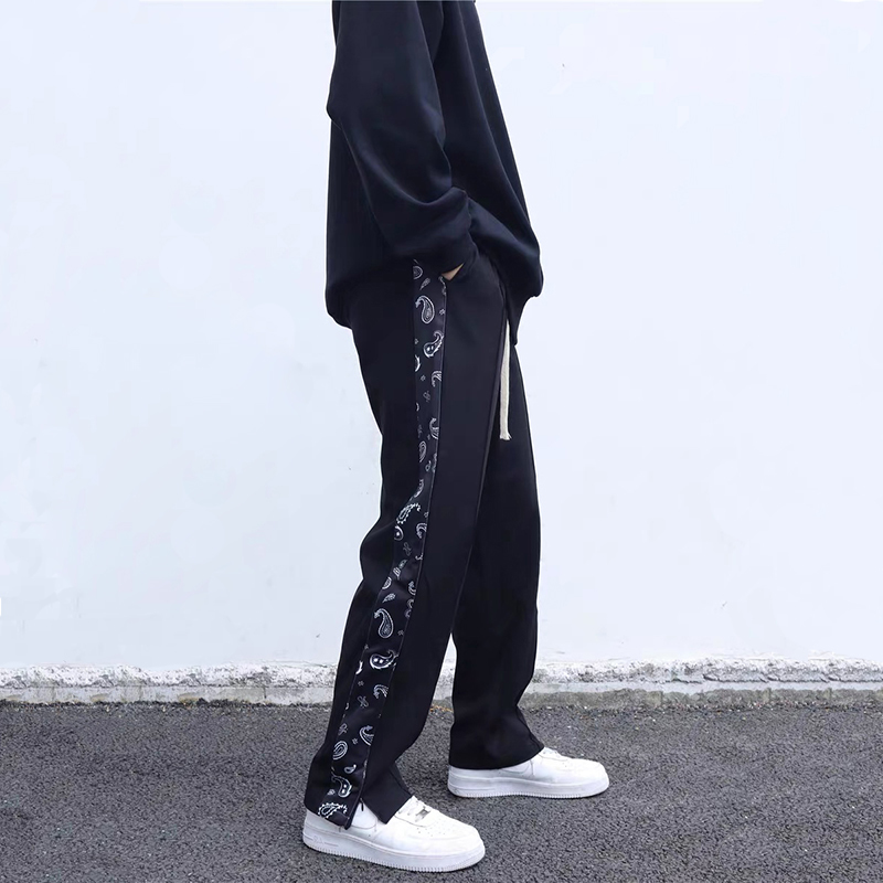 

Pants Cashew Flower Side Striped Spliced Casual Straight Trousers Mens Ankle Zipper Drawstring High Street Oversize, Black