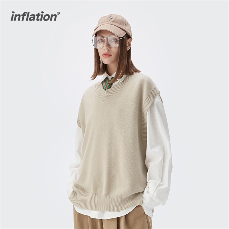 

INFLATION Harajuku V-neck Sweater Vest Men Women Oversized Knitted Vest Fashion Matching Sleeveless Sweater Men Pullovers 211018, Green