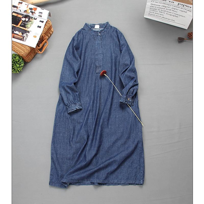 

Casual Dresses 2022 Spring Vintage Women Ruffled Collar Long Denim Dress, Black;gray