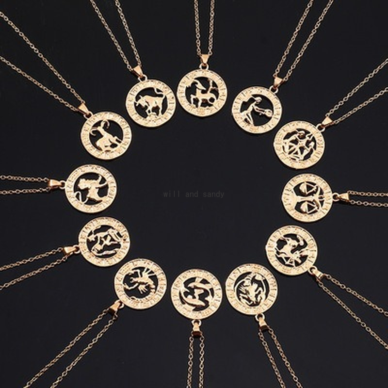 

12 Zodiac Sign Necklace Coin pendant Gld Chain Aries Taurus Pendants Charm Star Sign Choker Astrology Necklaces women fashion jewelry will and sandy