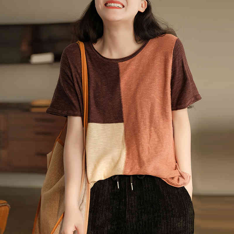 

Johnature Summer Patchwork Knitted Women Clothes O-neck Vintage T-Shirts Short Sleeve Loose Casual Female Tops 210521, Brown