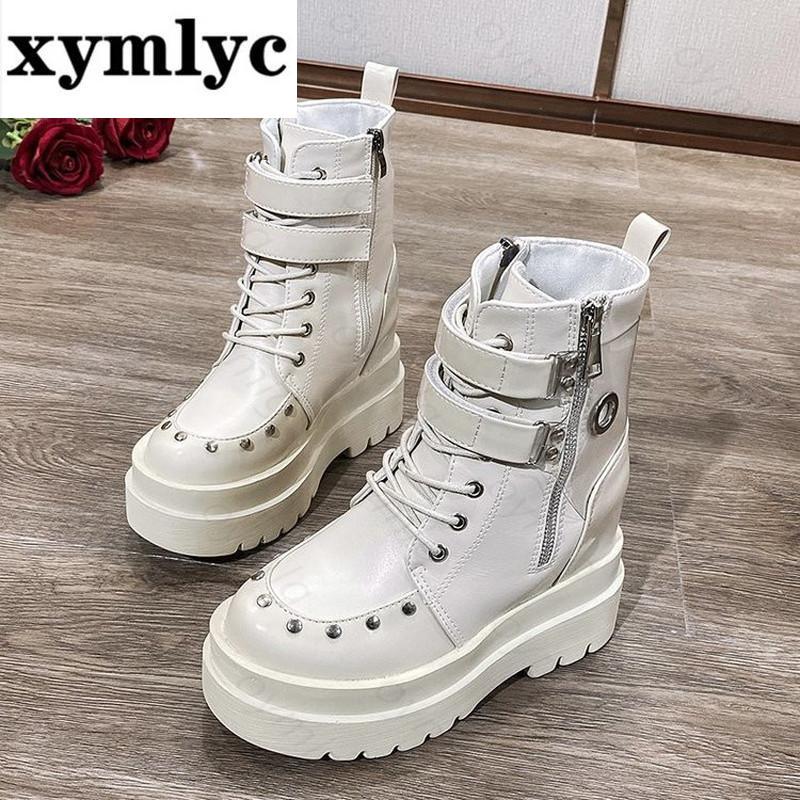 

Boots Punk Style Woman Platform Ankle Women Winter Thick Sole Motorcycle Shoes Ladies 10.5CM Chunky Casual Short, Black