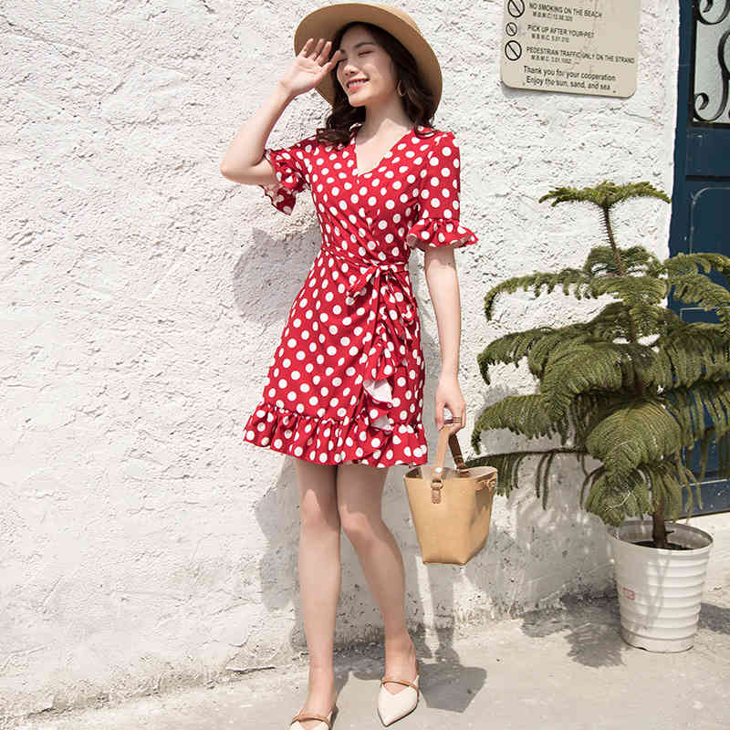 

dress xshm summer wave dot printed chiffon leisure temperament seaside resort beach skirt short sleeve, White;black