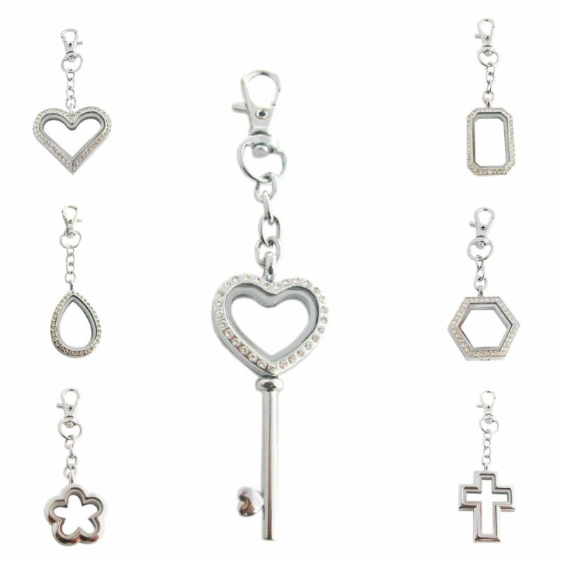 

Keychains 20 Options Key Shape Floating Locket Keychain Zinc Alloy Hear Cross Water Drop Memory