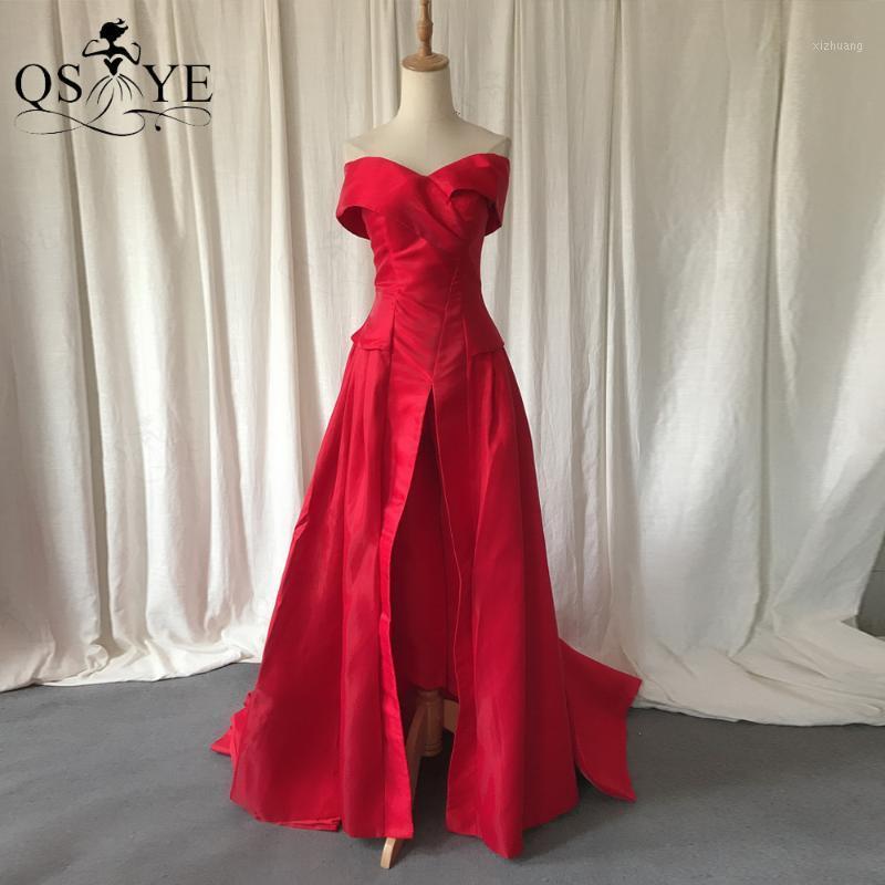 

Broken Size Red Prom Dresses Pants Shiny Satin Evening Gown Off Shoulder Front Split Dress High Quality Long Tail Formal Party, Same as picture