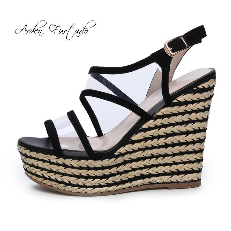 

Summer Fashion Wedges Platform Women's Shoes Peep Toe Clear Pvc Gladiator Yellow Straw Sandals Casual High Heels, Black