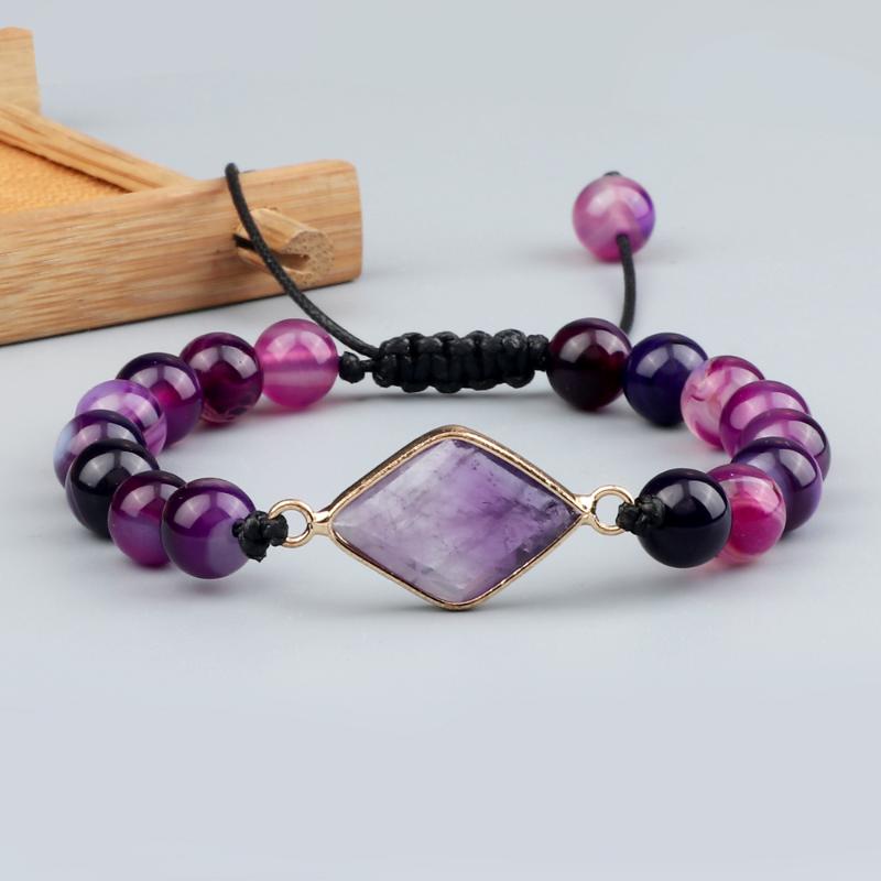 Beaded, Strands Charm Natural Stone Handmade Adjustable Braided Couple Geometric Bracelets Fashion Purple Striped Agates Beads Jewelry-image-711755543