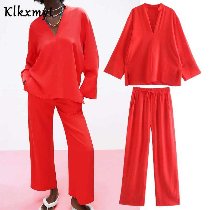 

Klkxmyt Za Sets Women Casual Shirt Pants Suit 2 Pieces Blouse Tops And Elastic High Waisted Female Outfit 210527