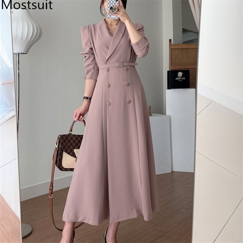 

Autumn Double-breasted Korean Elegant Women Long Trench Coat Full Sleeve V-neck Belted Ladies Windbreaker Outercoats Jacket 210518, Pink