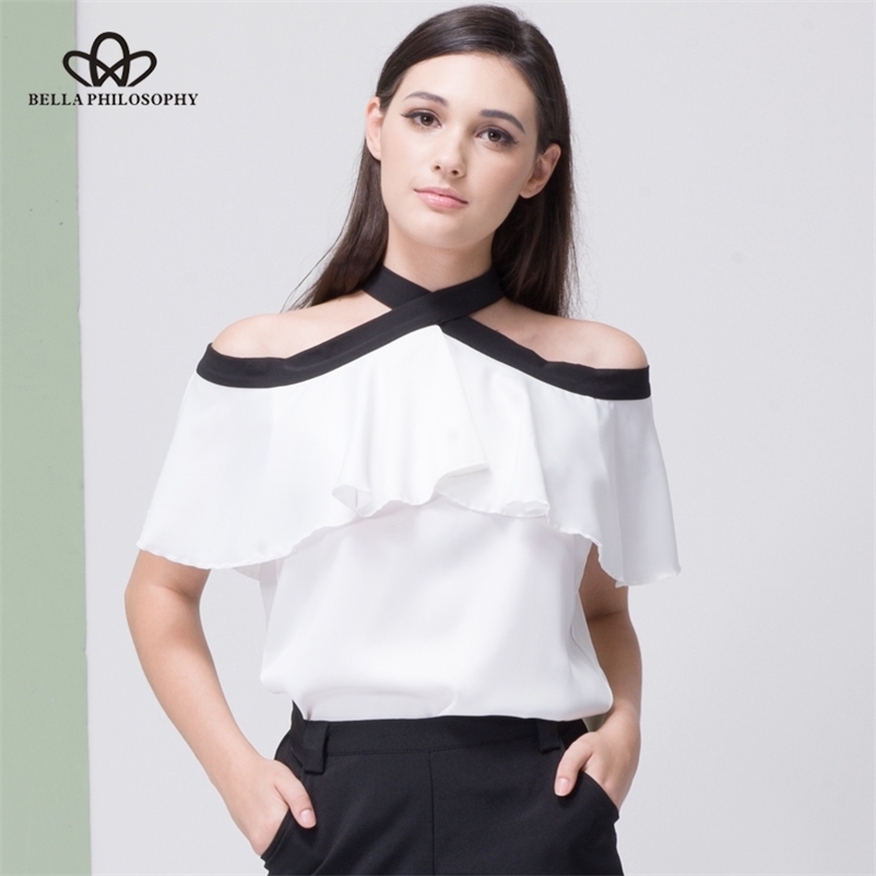 

women summer silky chiffon off shoulder bow tie back open ruffles shirt blouse short sleeve 210519, White