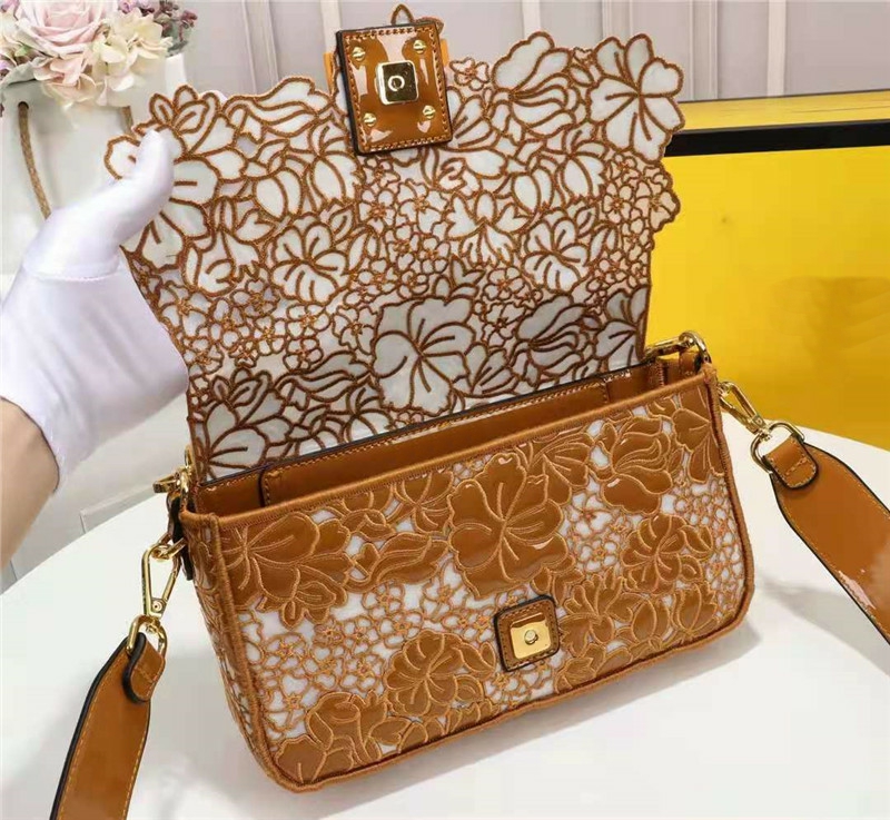 

Patent Leather Embroidered Floral Hand Bags Baguettes Transparent mesh embroidery flower Iconic baguette fringed lace shoulder bag 2021 latest top wallets Purse, Brown
