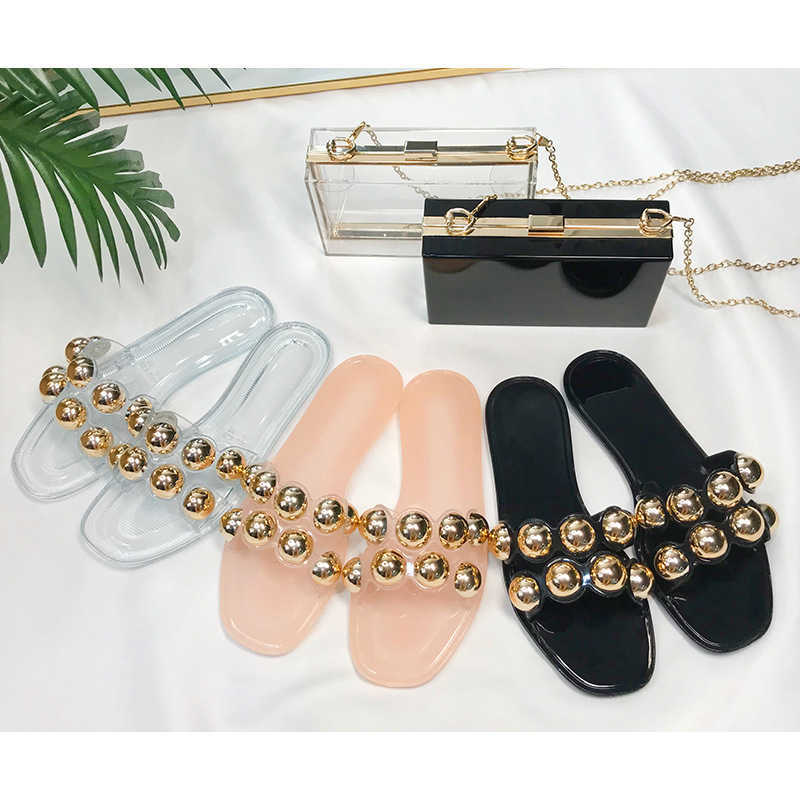 

Women Metallic Round Ball Slippers Women's Transparent Jelly Sandals Female Crystal Soft Bottom Slides Outdoor Slippers Shoes H0827