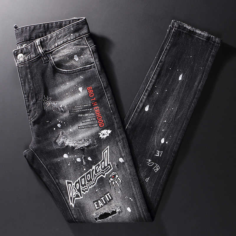 

Street Fashion Men Jeans Retro Black Gray Elastic Slim Fit Ripped Patch Printed Designer Hip Hop Splashed Denim Pants