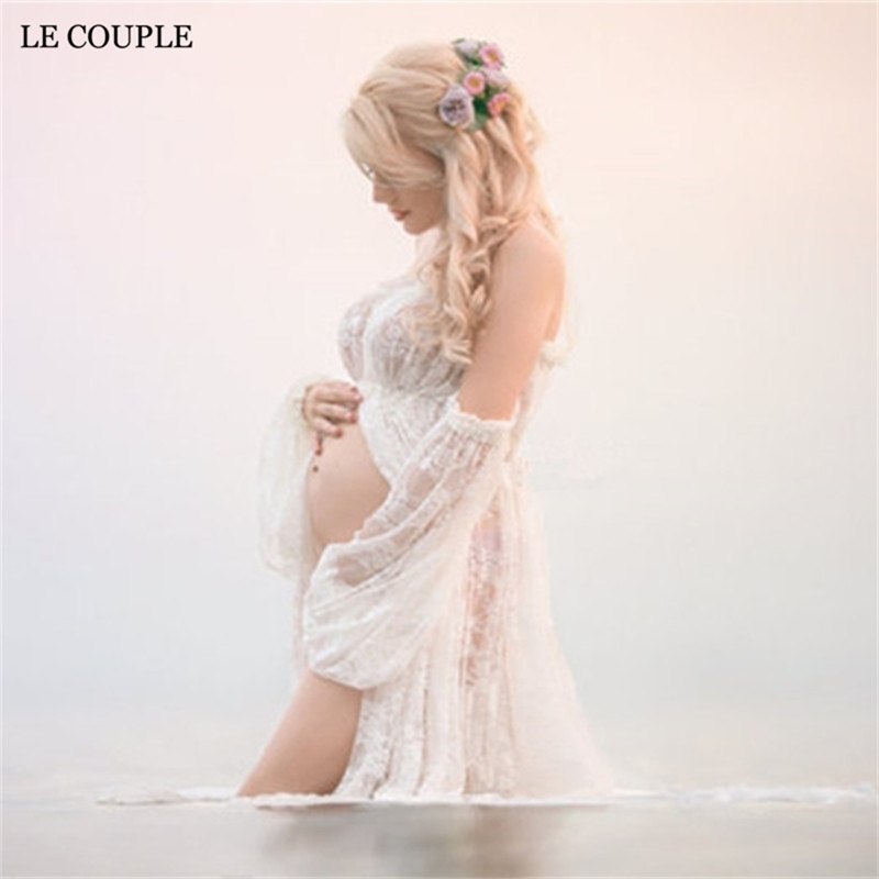 

Drop Maternity Pography Ruffles Maxi Dresses Gown Long Lace 210721, White