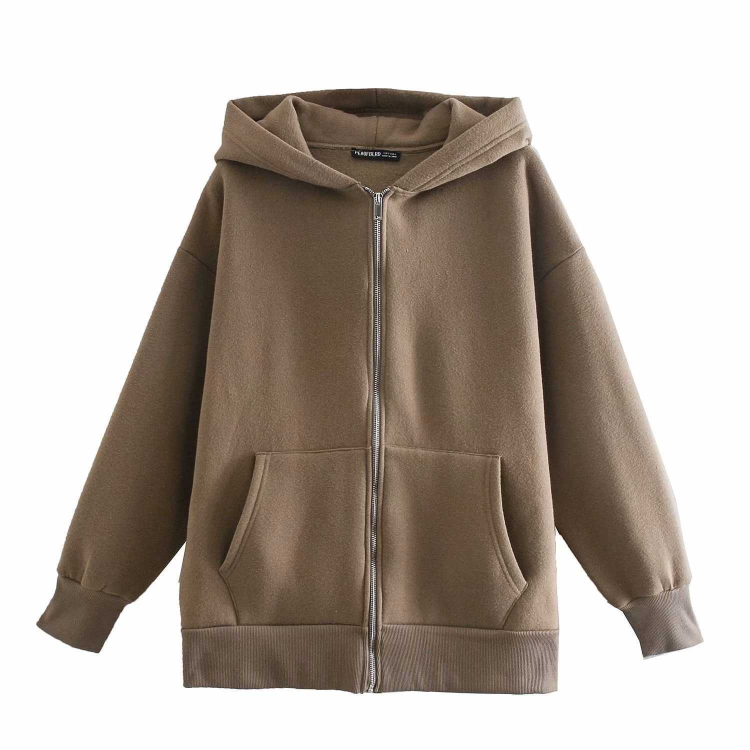 

Spring Two Color Loose Thick Hoodies Women Zip-up Long Sleeve Fleece Outfits Casual Oversized Sweatshirt Female 210607, Brown