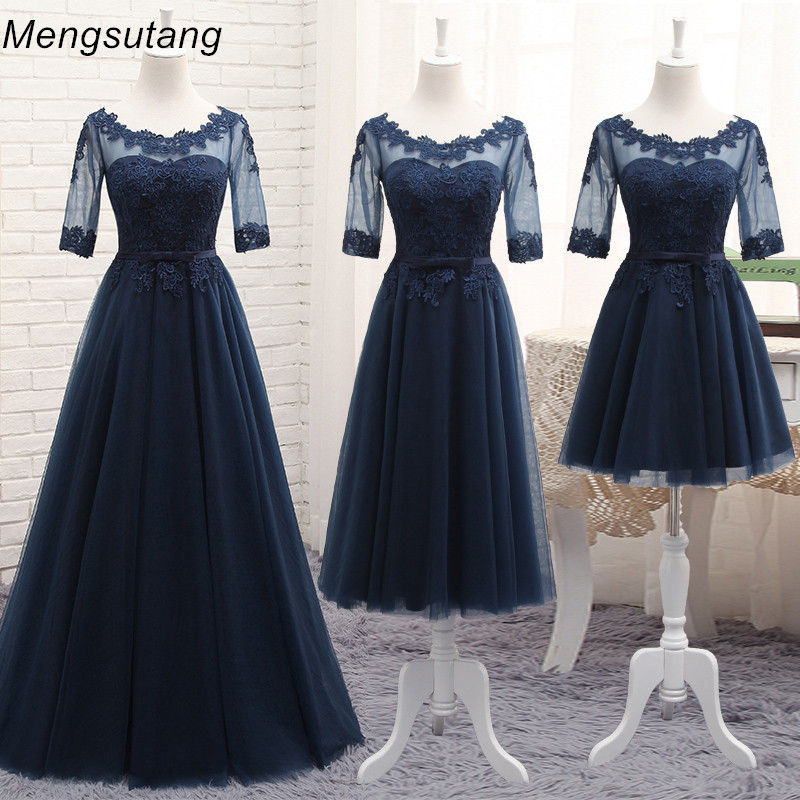 

robe de soiree 2021 wholesale scoop neck half transparent lace embroidery long navy blue party prom dress bridesmaid dresses, Black;gray