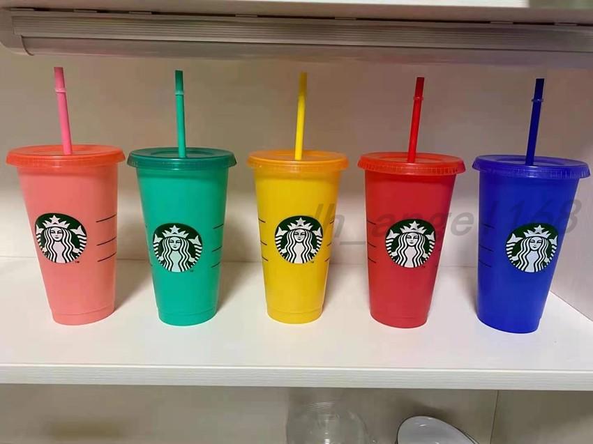 

100pcs DHL Free Starbucks 24OZ/710ml Plastic Tumbler Reusable Clear Drinking Flat Bottom Cup Pillar Shape Lid Straw Mug Bardian multicolor discoloration, As shown