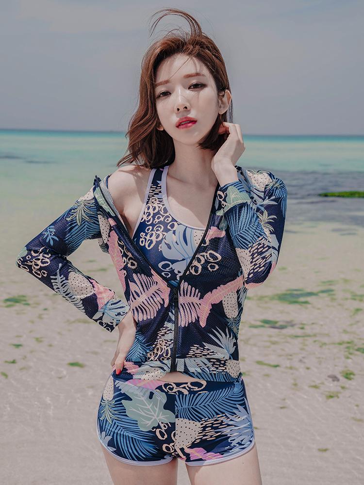 

Long Sleeve Women Separate Swimwear Woman Rashguard Sports Blue Surfing Swimsuit Zipper Swimsuits Female Rash Guard Kit Trunks One-Piece Sui