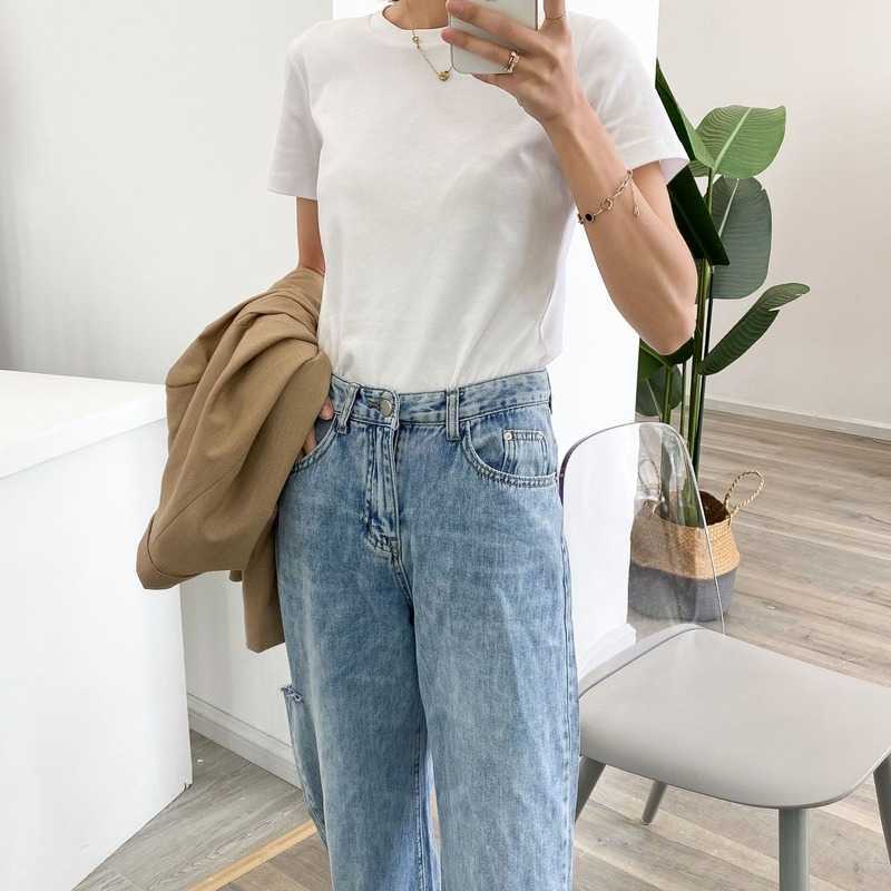 

Summer Fashion Cotton White Tshirt Women' Solid Color O-Neck Short Sleeve Tops Female 210607