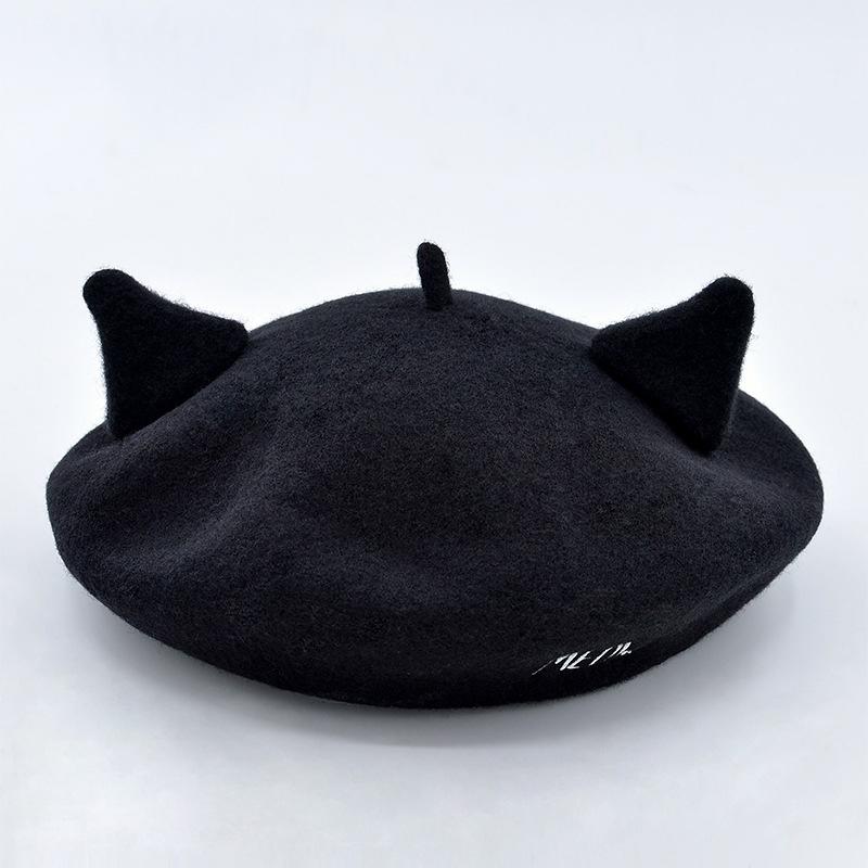 

Berets 2021 Letter Embroidery Cat Ears Wool Female Cute Beret Fashion Painter Hat Suitable For Sweet Girl Blm31, Black