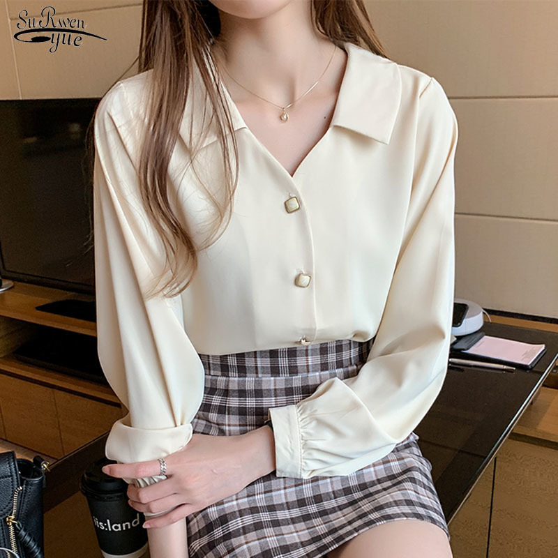 

Spring Autumn Long Sleeve V-neck Chiffon Blouse Women White Tops and Blouses Super Fairy Office Lady Shirt Chemisier Femme 10685 210521, Apricot