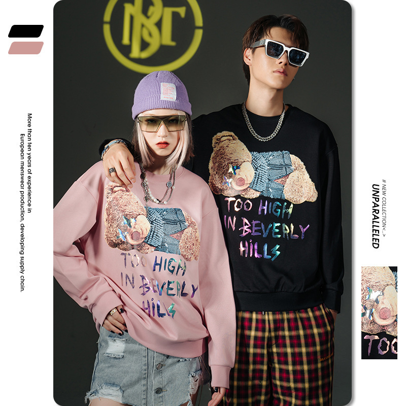 

couple's sweater autumn colorful bear cartoon printed round neck pullover long sve brand men's top, Black