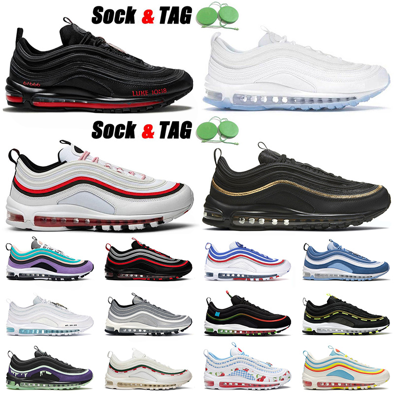 

2021 Sports 97 Running Shoes Satan White Ice Top Quality Black Gold Indigo Storm Mens Women Worldwide Tropical Twist 97s Trainers Sneakers 36-45, D3 silver iridescent 36-45
