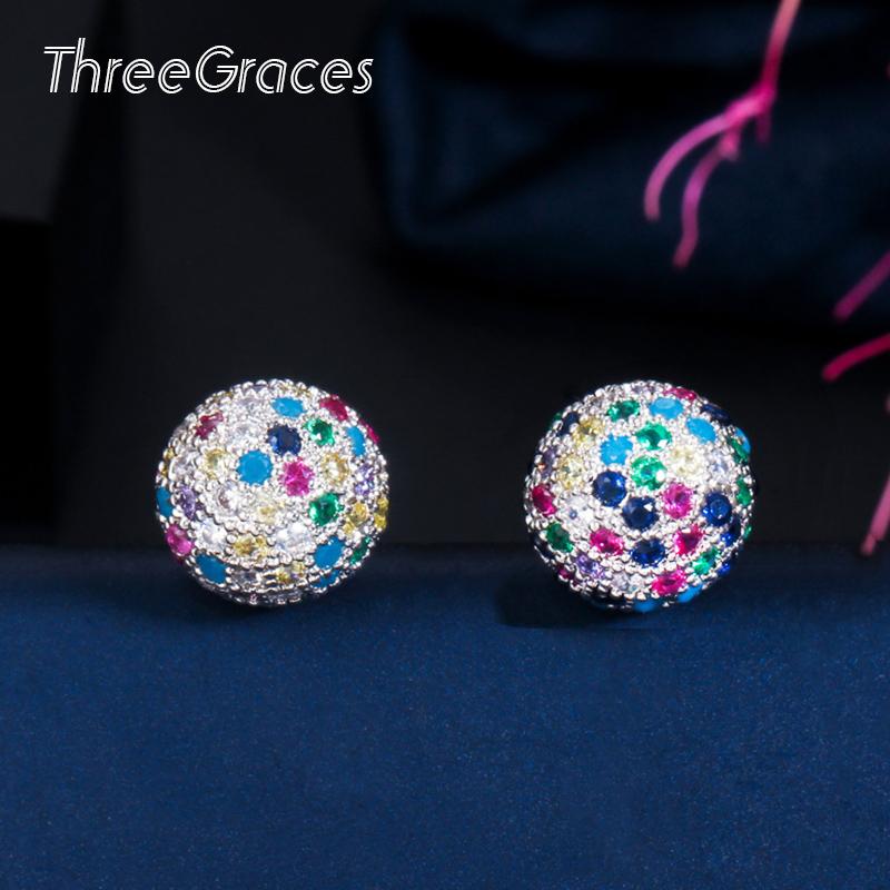 

Stud ThreeGraces Sparkling Cubic Zirconia Micro Pave Crystal Rainbow Round Earrings For Women Party Fashion Jewelry Gift ER436, Golden;silver