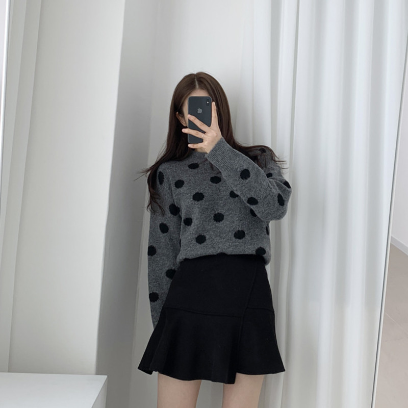 

women's sweaters polka dot sweater loose thin bottoming shirt sweet long-sleeved new autumn and winter simple versatile qm* 2p, White;black