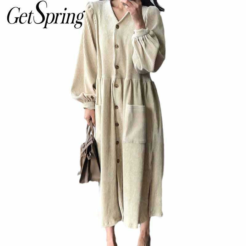 

GetSpring Women Dress Single Breasted Lantern Sleeve Corduroy Long es Retro Ladies es Temperament Maxi 210601, Apricot