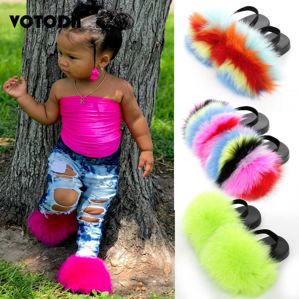 

Kids Fur Slipper With Strap Fluffy Raccoon Rainbow Slides Furry Real Fox Fur Sandals Cute Children Plush flip Flops Flat Shoes Y0731, Blue