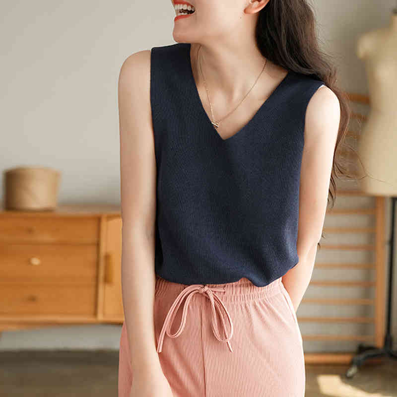 

Johnature Women Knitting Summer Tank Summer V-Neck Sleeveless 6 Color Korean Style Female Clothing Loose Tank Top 210521, Red
