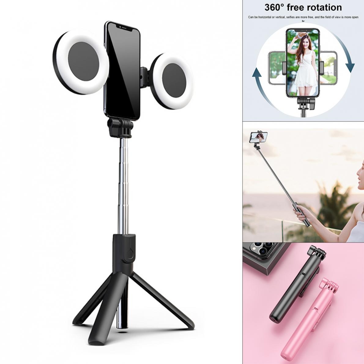 

J861 Wireless Selfie Stick Tripod Double Lamp Dimmable Selfie Ring Fill Light Fill Lamp Foldable Fit for Smartphones