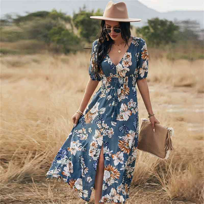 

Short Sleeve Maxi Split Dress Summer Beach Boho Print Sexy V-Neck Floral Long Dresses Women Casual Loose Party Elegant Robe 210630, Yellow