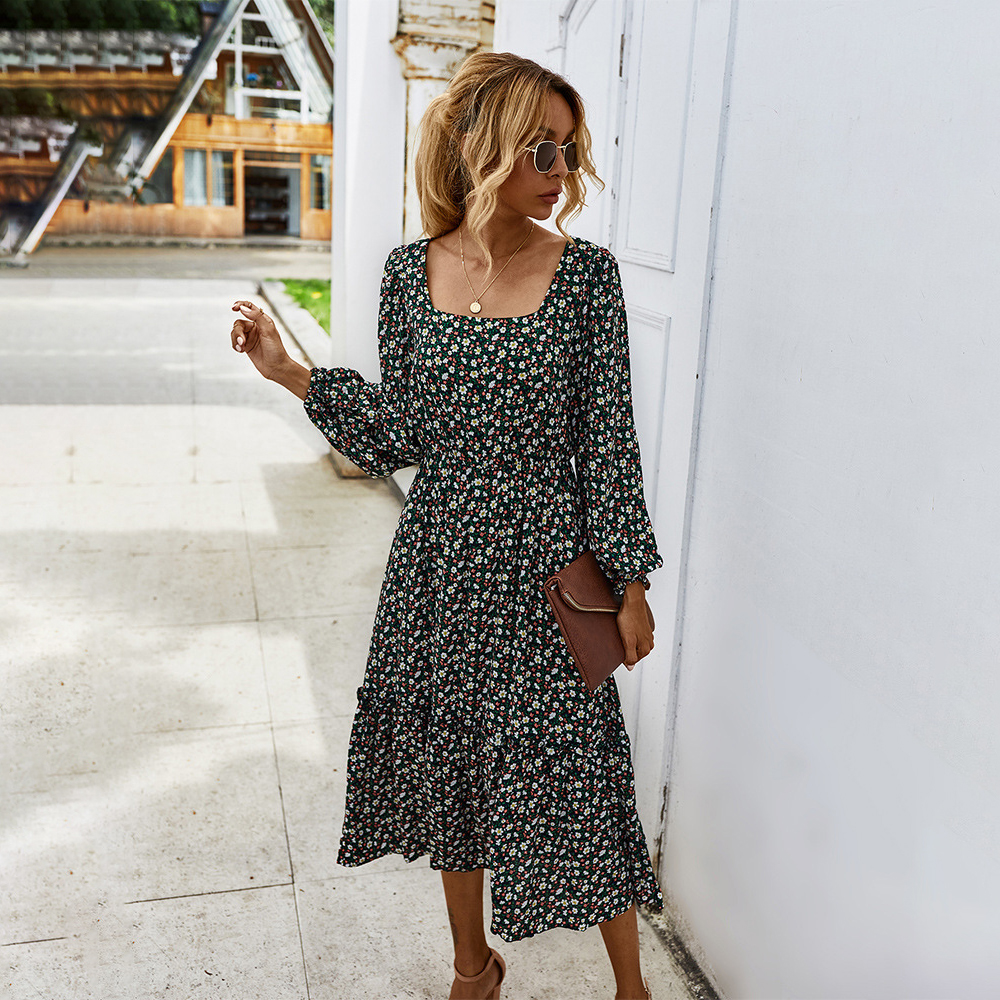 

2021women long dress autumn winter long sleeve elegant ladies flower square collar dresses party 2021 black clothes for woman, Black;gray